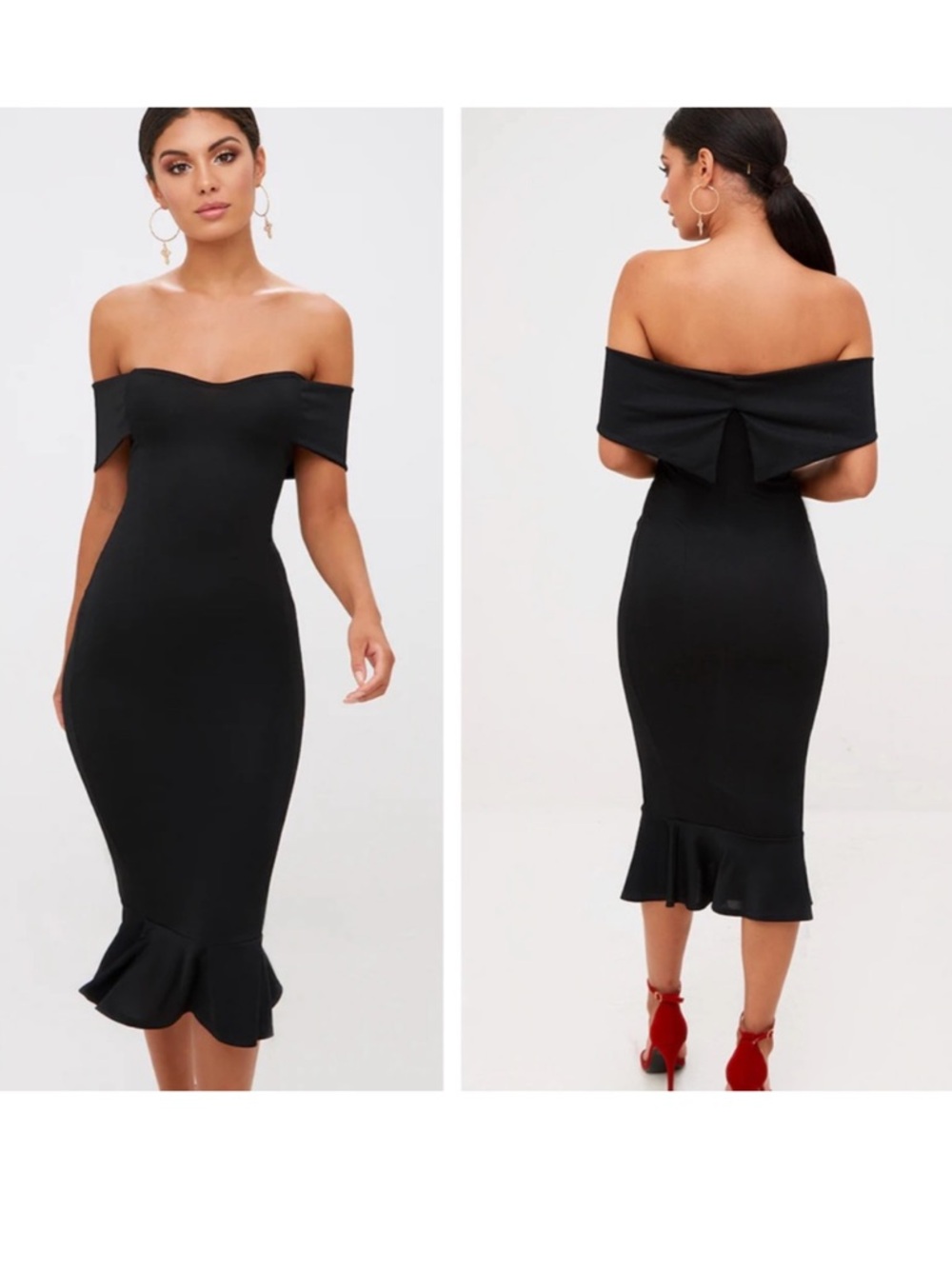 PrettyLittleThing Black Off-Shoulder Midi Dress with Ruffle Hem